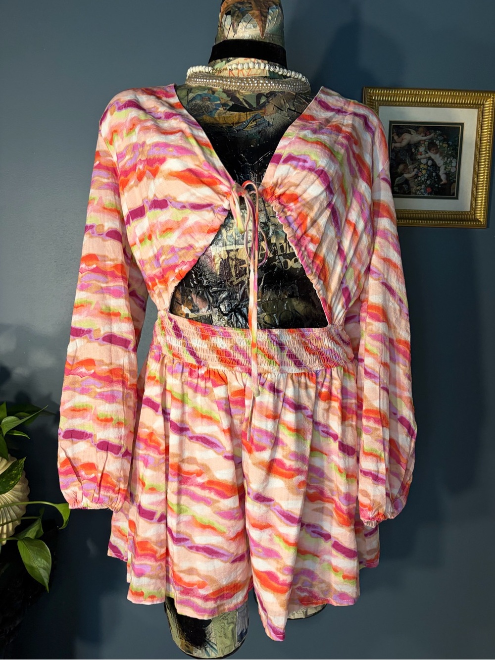 Meet me in Santorini goddess multicolor watercolor front tie cutout long sleeve